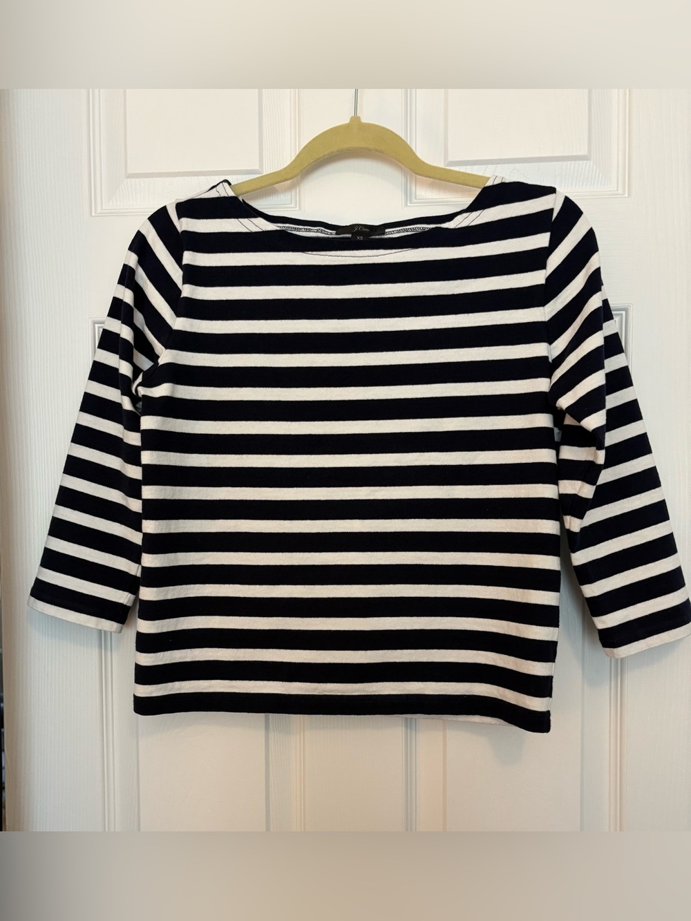 J CREW TOP 3/4 SLEEVE WOMENS SZ XS BLACK & WHITE BRETON STRIPE BOATNECK CROPPED